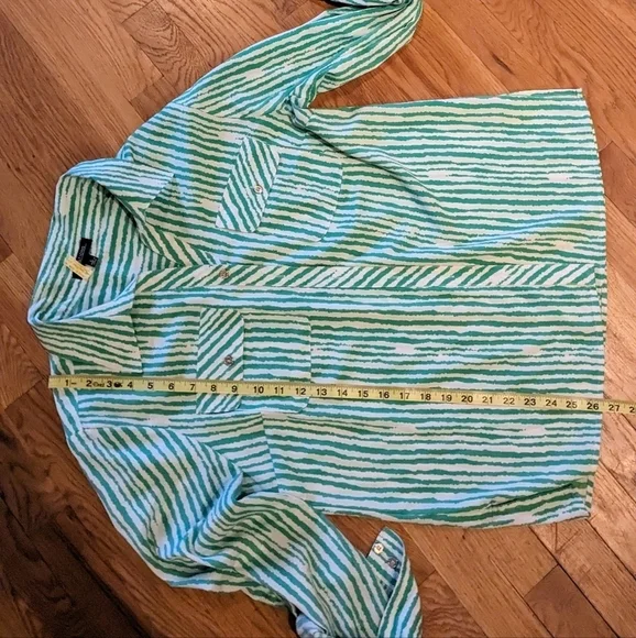 Notations Large Green‎ & White Vertical Striped Long Sleeve Button Down Shirt - Picture 5 of 11